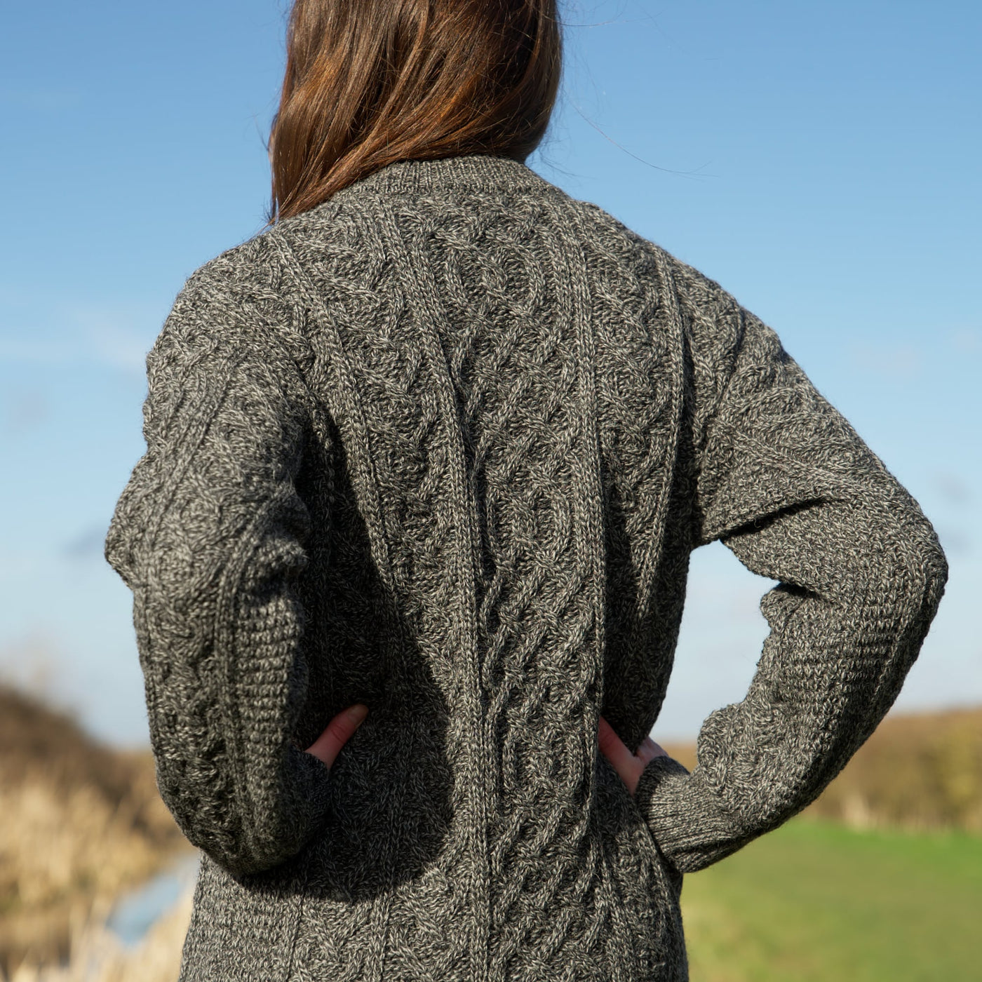 British Wool Aran Cable Jumper - Grey Tweed