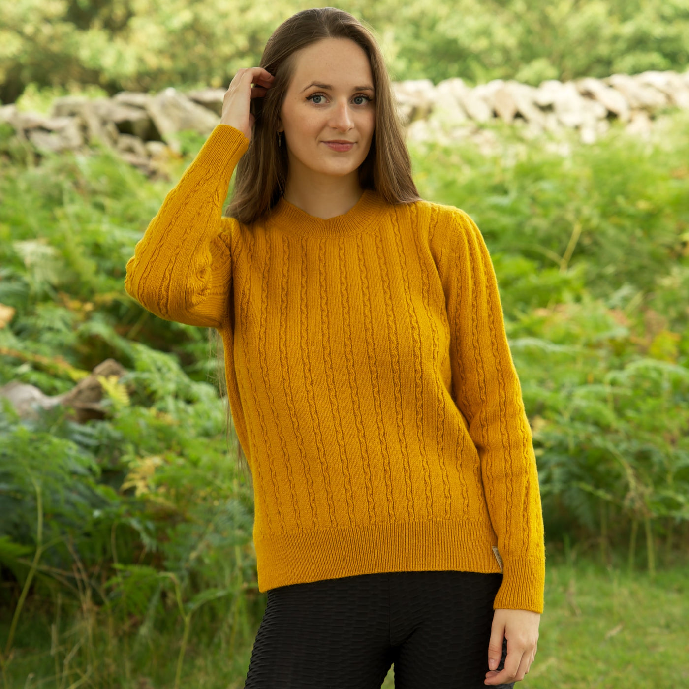 Merino Wool Cable Crew Jumper - Yellow