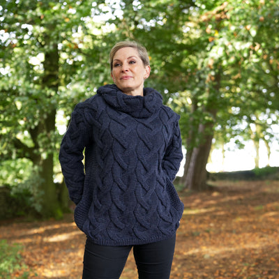 British Wool Chunky Cable Cowl Neck Jumper - Denim