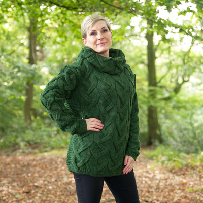 British Wool Chunky Cable Cowl Neck Jumper - Celtic Green