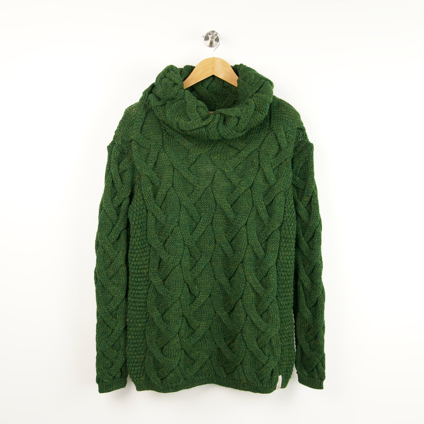 British Wool Chunky Cable Cowl Neck Jumper - Celtic Green