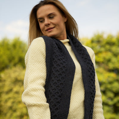 British Wool Long Honeycomb Scarf - Denim