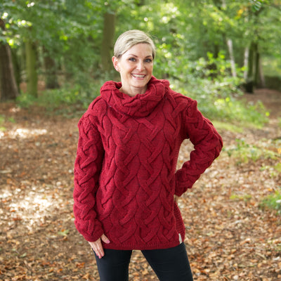 British Wool Chunky Cable Cowl Neck Jumper - Bordeaux