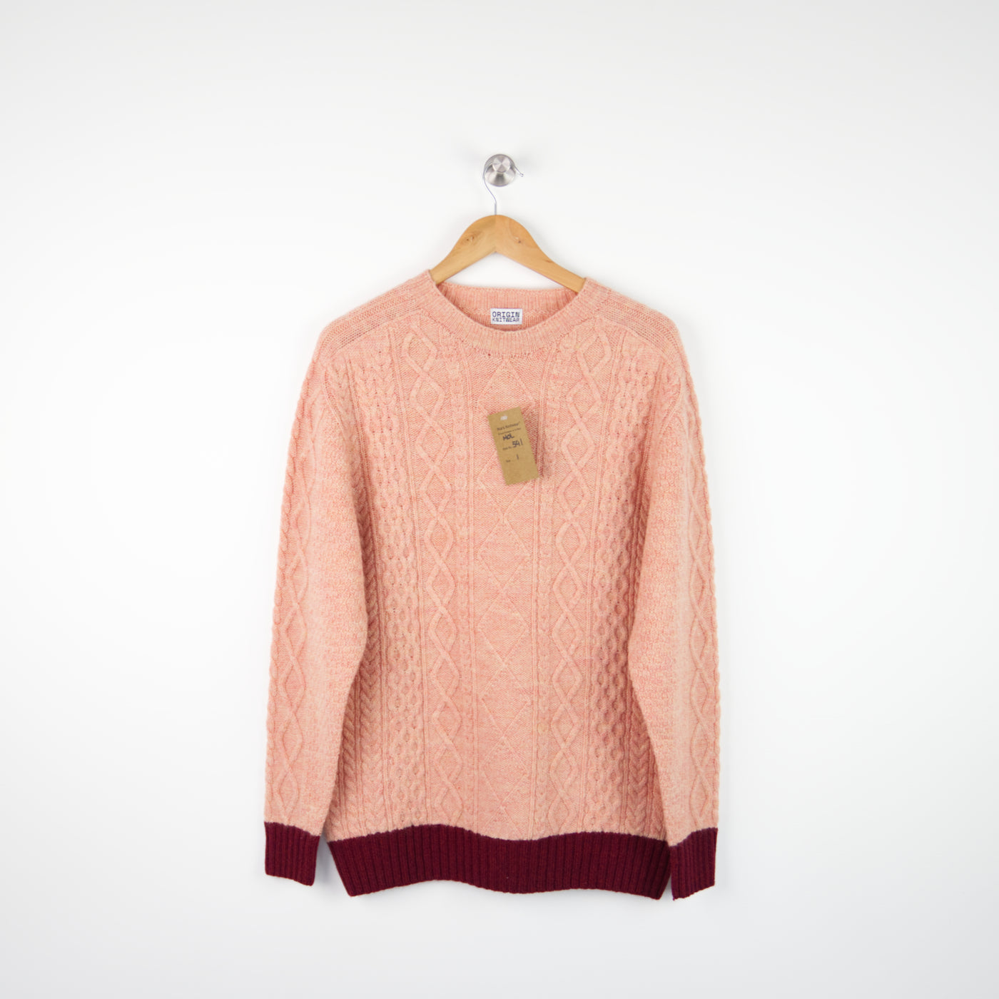 Merino Wool - Seamless Contrast Aran Crew - 541 - Peach/Burgundy