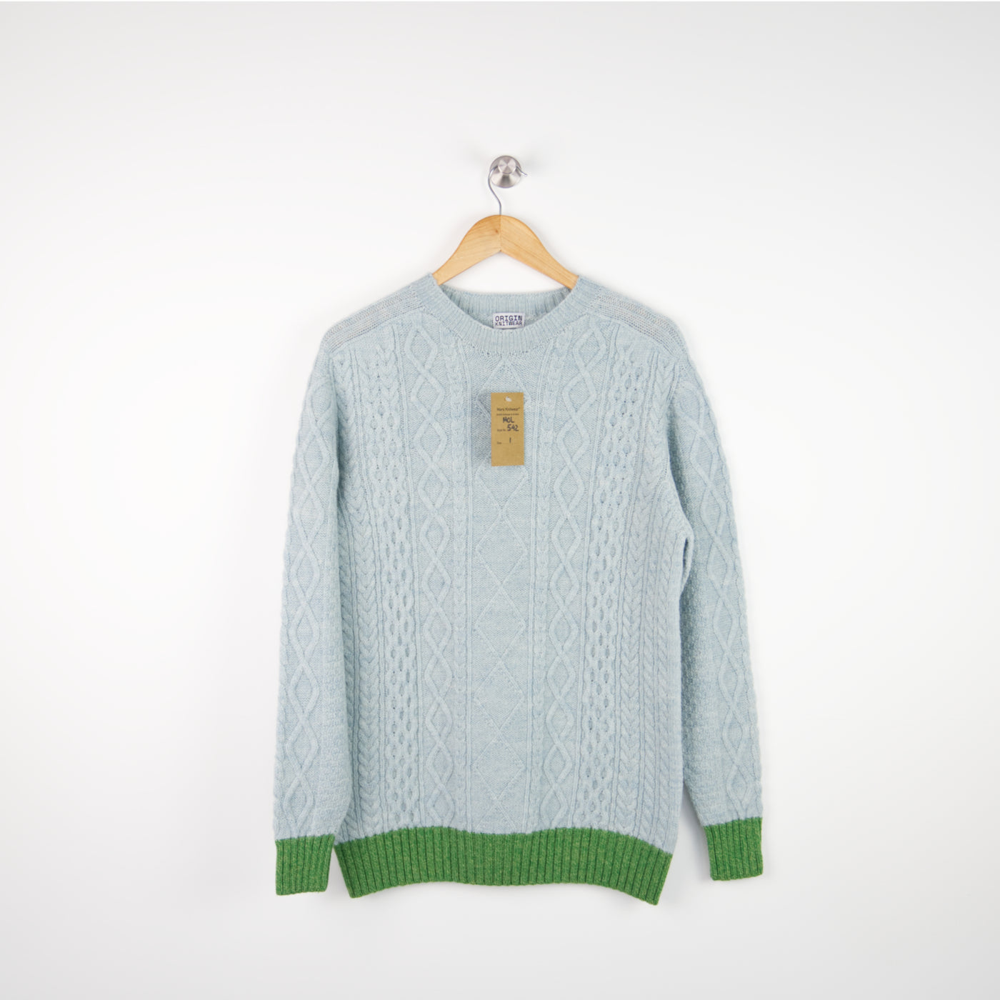 Merino Wool - Seamless Contrast Aran Crew - 542 - Light Blue/Green