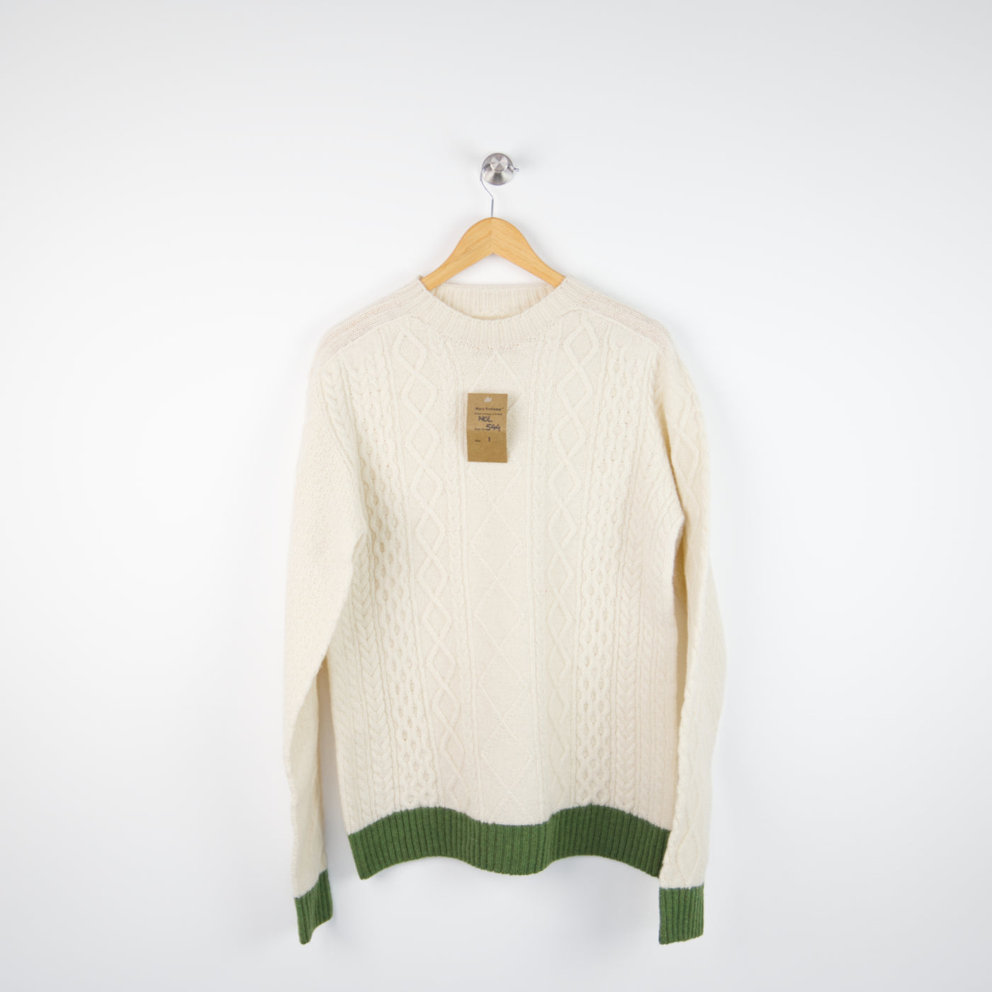 Merino Wool - Seamless Contrast Aran Crew - 544 - Ecru/Green