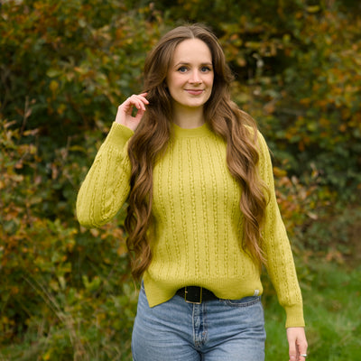 Merino Wool Cable Crew Jumper - Citron