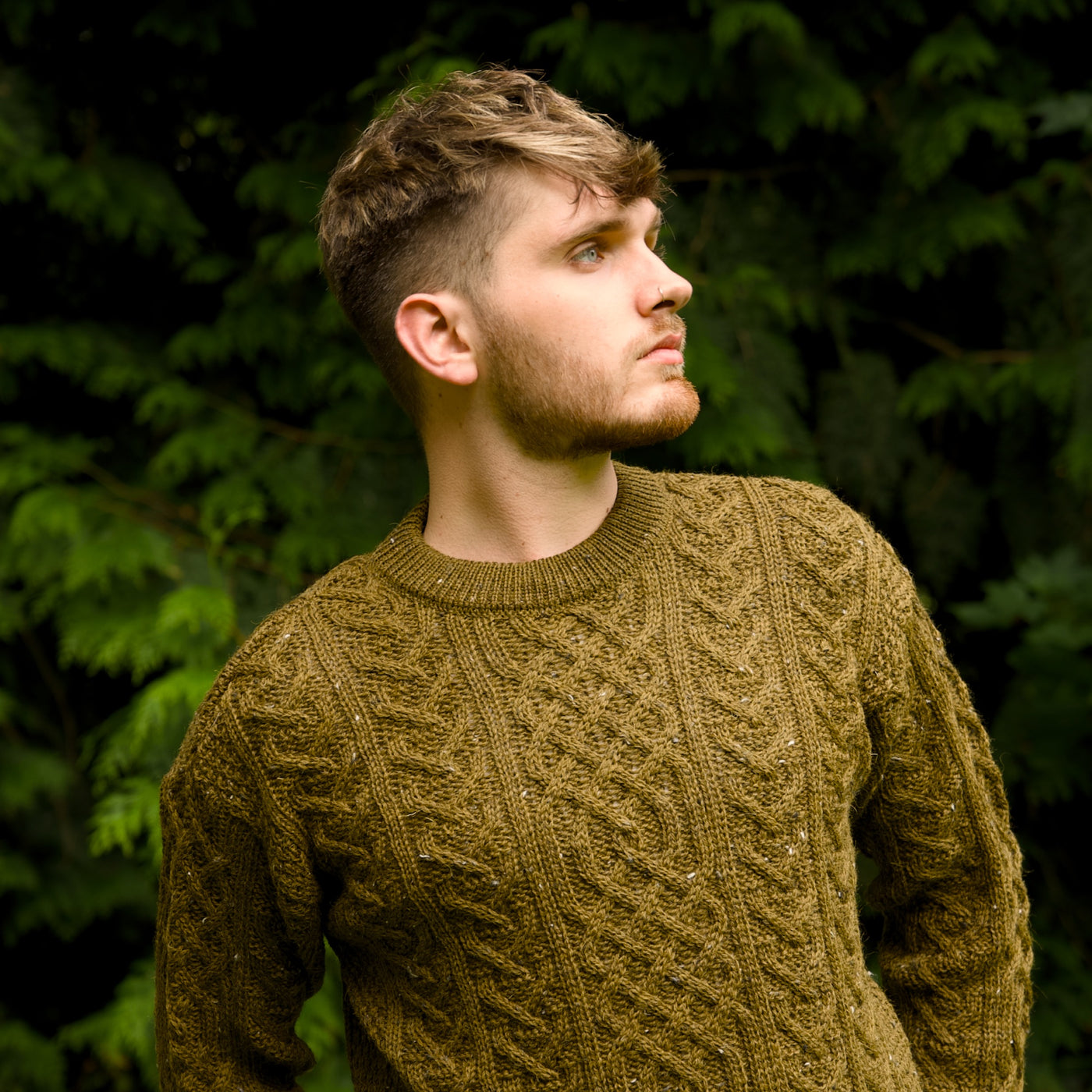 British Wool Aran Cable Jumper - Khaki Nepp