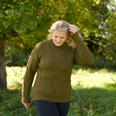 British Wool Aran Cable Jumper - Khaki Nepp