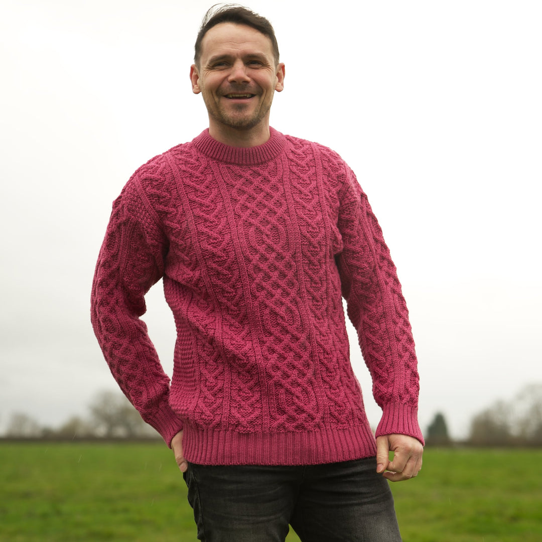 British Wool Aran Cable Jumper - Pink – Mars Knitwear British Wool Aran Cable Jumper - Pink – Mars Knitwear