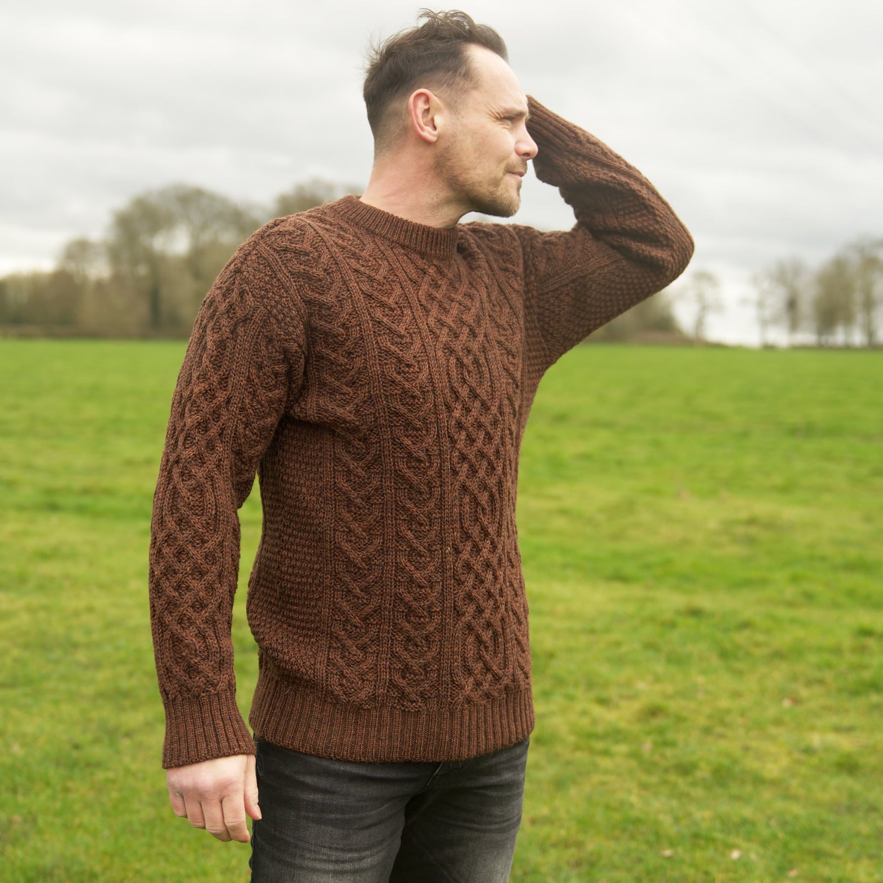 British Wool Aran Cable Jumper - Sable Brown – Mars Knitwear
