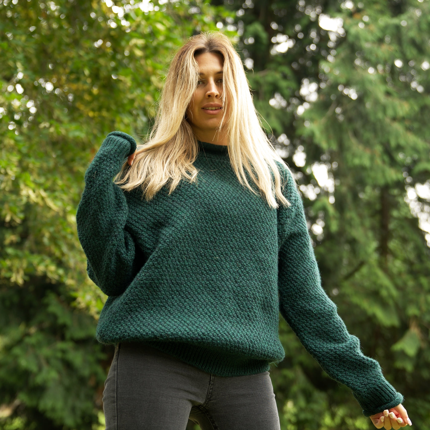 British Wool Moss Stitch Roll Neck - Pine